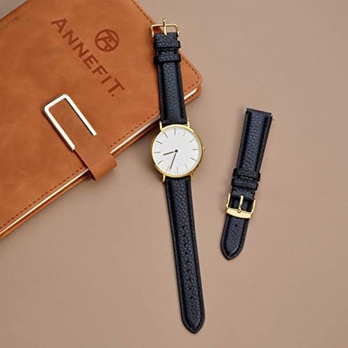 ANNEFIT 表带 18 毫米 快速释放纹理加垫皮革表带 带金色搭扣 男女均适用(黑色)