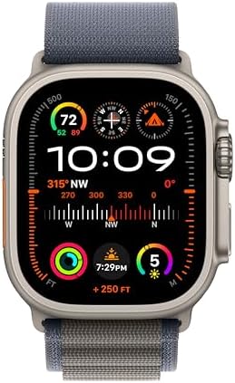 Apple Watch Ultra 2 [GPS + 蜂窝 49 毫米] 智能手表配有坚固钛表壳和蓝色阿尔卑斯环中号 健身追踪器 精密GPS 动作按钮 超长电池寿命 碳中性
