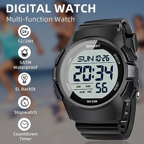 Beeasy Men Digital Sports Watch Waterproof Watch With Stopwatch Countdown Timer Alarm Function Dual Time Rubber Strap Wrist Watch For Men/Student