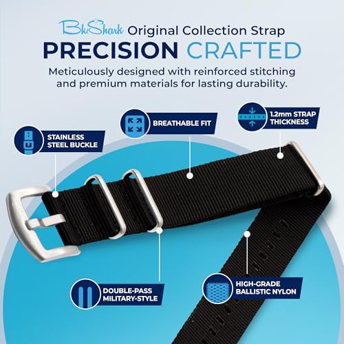 BluShark Original Collection Military-Style Waterproof Watch Strap Fits All Timepiece Brands Durable Nylon Wristwatch Accessories With Stainless Steel Buckle - 18mm 20mm 22mm & 24mm Watch Bands