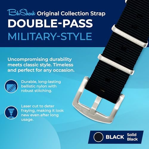 BluShark Original Collection Military-Style Waterproof Watch Strap Fits All Timepiece Brands Durable Nylon Wristwatch Accessories With Stainless Steel Buckle - 18mm 20mm 22mm & 24mm Watch Bands