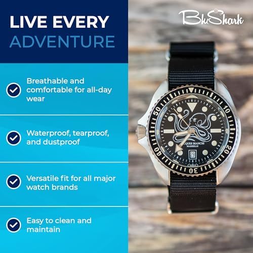 BluShark Original Collection Military-Style Waterproof Watch Strap Fits All Timepiece Brands Durable Nylon Wristwatch Accessories With Stainless Steel Buckle - 18mm 20mm 22mm & 24mm Watch Bands