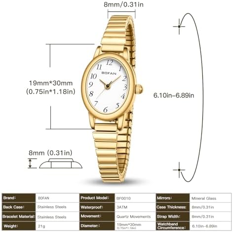 BOFAN 小号金色手表女士易读女士石英腕表带不锈钢扩展带 防水