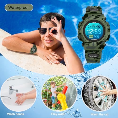 Camo Sports Watch For Boys-Waterproof Kids Digital Watch With Colorful Light Alarm&Snooze Stopwatch Military Design Silicone Band Gift For Birthdays Christmas Outdoor Activities(8+ Years)