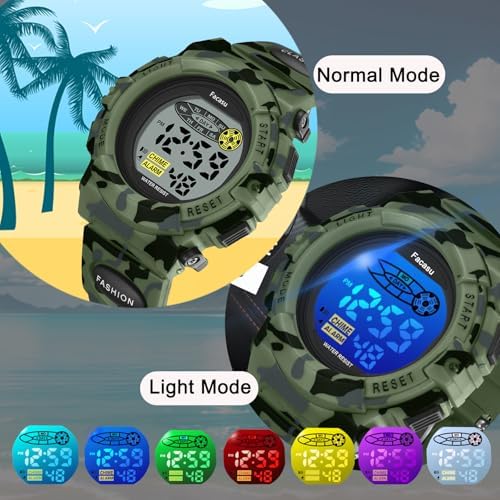 Camo Sports Watch For Boys-Waterproof Kids Digital Watch With Colorful Light Alarm&Snooze Stopwatch Military Design Silicone Band Gift For Birthdays Christmas Outdoor Activities(8+ Years)