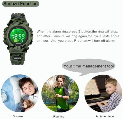 Camo Sports Watch For Boys-Waterproof Kids Digital Watch With Colorful Light Alarm&Snooze Stopwatch Military Design Silicone Band Gift For Birthdays Christmas Outdoor Activities(8+ Years)