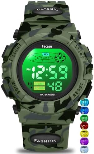 Camo Sports Watch for Boys-Waterproof Kids Digital Watch with Colorful Light Alarm&Snooze Stopwatch Military Design Silicone Band Gift for Birthdays Christmas Outdoor Activities(8+ Years)