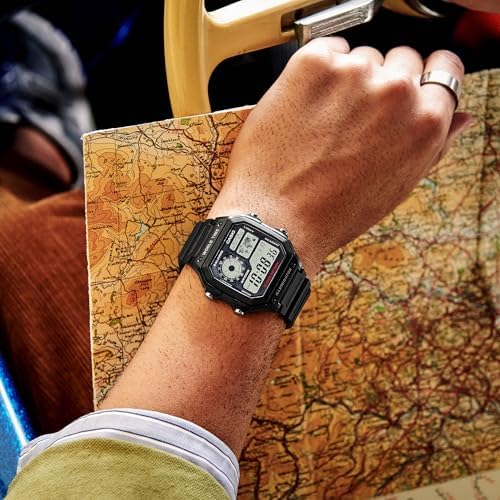 Casio AE1200WH Series Men’s Digital Watch 100M WR Multi Alarms 100 SEC Stopwatch Countdown Timer World Map For World Time LED Light LC Analog Display 10 Year Battery