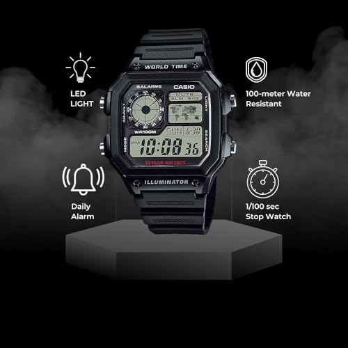 Casio AE1200WH Series Men’s Digital Watch 100M WR Multi Alarms 100 SEC Stopwatch Countdown Timer World Map For World Time LED Light LC Analog Display 10 Year Battery