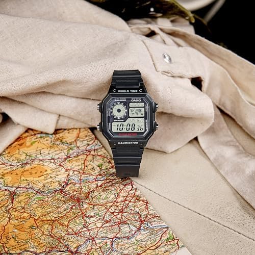 Casio AE1200WH Series Men’s Digital Watch 100M WR Multi Alarms 100 SEC Stopwatch Countdown Timer World Map For World Time LED Light LC Analog Display 10 Year Battery