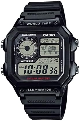 Casio AE1200WH Series Men’s Digital Watch 100M WR Multi Alarms 100 SEC Stopwatch Countdown Timer World Map for World Time LED Light LC Analog Display 10 Year Battery Casio AE1200WH Series Men’s Digital Watch 100M WR Multi Alarms 100 SEC Stopwatch Countdown Timer World Map for World Time LED Light LC Analog Display 10 Year Battery