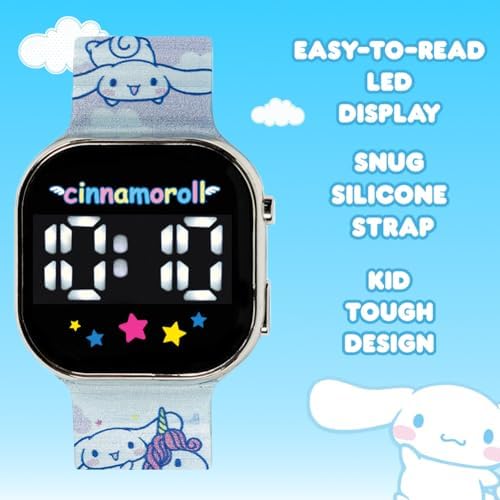 Cinnamoroll 儿童手表 – LED 显示屏 方形表壳 可调节塑料表带 收藏锡 – 非常适合喜欢可爱角色的女孩 白色 肉桂