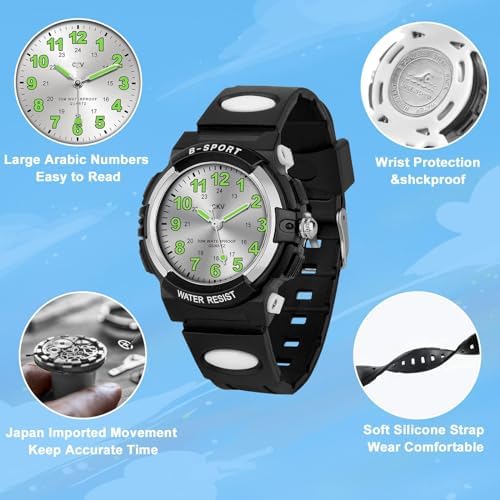 CKV Kids Watch For Boys Girls Ages 5-12 Waterproof Time Teacher Easy To Read Analog Sport Outdoor Children Watches With Soft Band For Kids
