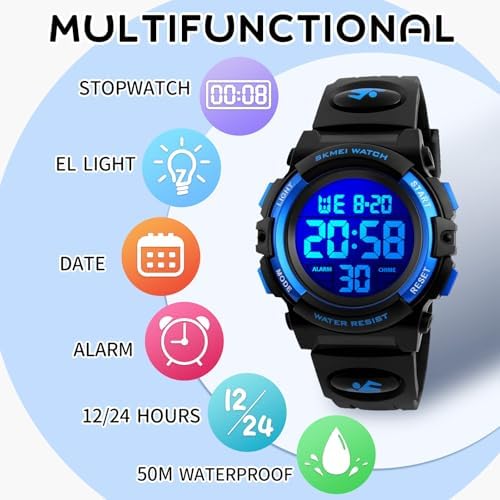 Dayllon Kids Digital Watch Boys Outdoor Sports 50M Waterproof Girls Watches Alarm Clock 12/24 H Stopwatch Calendar For Ages 3-15 Boy Girl Wristwatch Kids Gift
