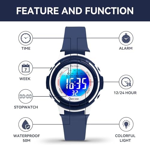 Digital Kids Watch With 7 Color Lights 50M Waterproof Alarm Stopwatch Soft Strap Children Gifts Sports Watch For Boys Girls 5-12 Years