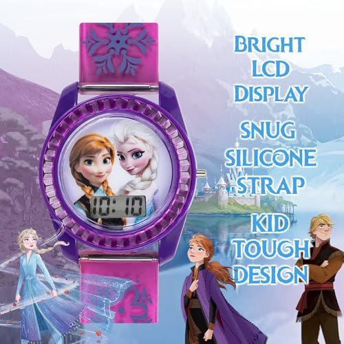 Disney Frozen Kids Digital Watch – Anna & Elsa LCD Timepiece Purple Printed Strap Easy-Read Display Lightweight & Comfortable – Fits Wrists 5.5" To 8"