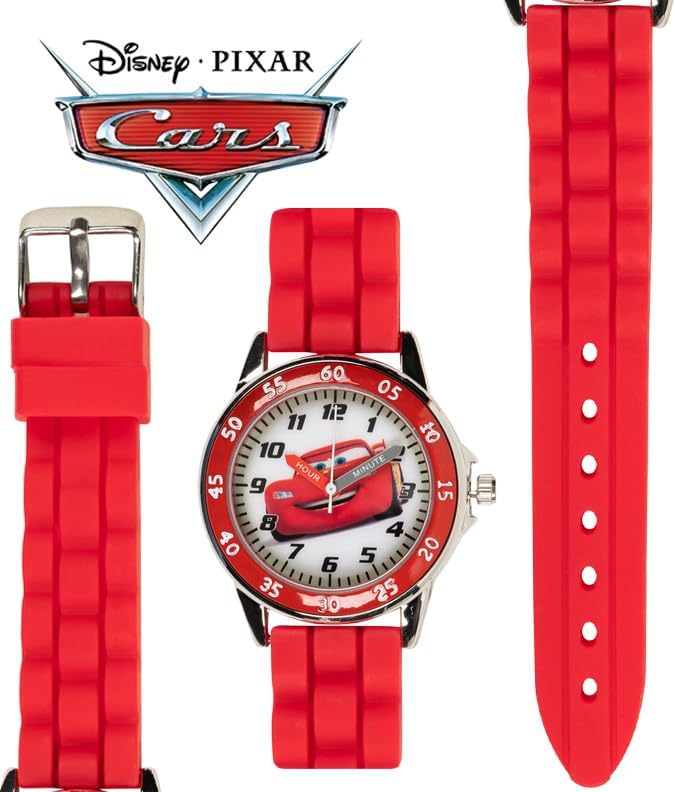 Disney Pixar Cars Kids' Time-Teaching Watch – Lightning McQueen Design With Red Silicone Strap Easy-to-Read Dial And Adjustable Fit For Wrists 5.5" To 8"