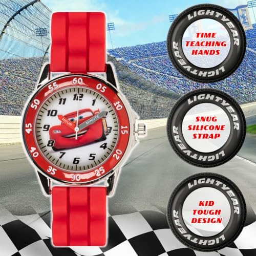 Disney Pixar Cars Kids' Time-Teaching Watch – Lightning McQueen Design With Red Silicone Strap Easy-to-Read Dial And Adjustable Fit For Wrists 5.5" To 8"