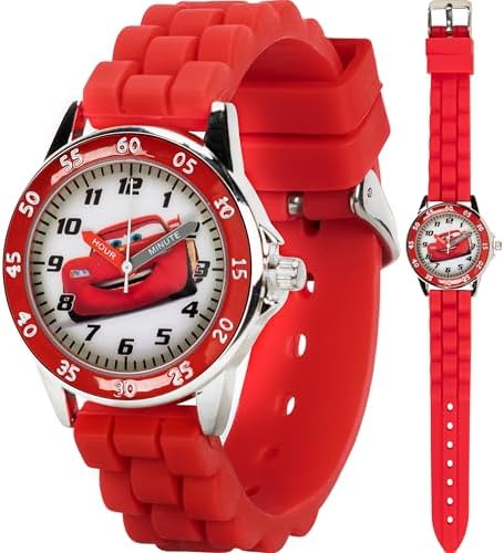 Disney Pixar Cars Kids' Time-Teaching Watch – Lightning McQueen Design with Red Silicone Strap Easy-to-Read Dial and Adjustable Fit for Wrists 5.5" to 8"