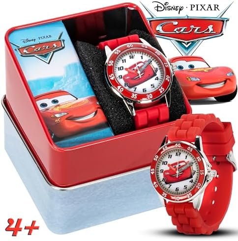 Disney Pixar Cars Kids' Time-Teaching Watch – Lightning McQueen Design With Red Silicone Strap Easy-to-Read Dial And Adjustable Fit For Wrists 5.5" To 8"