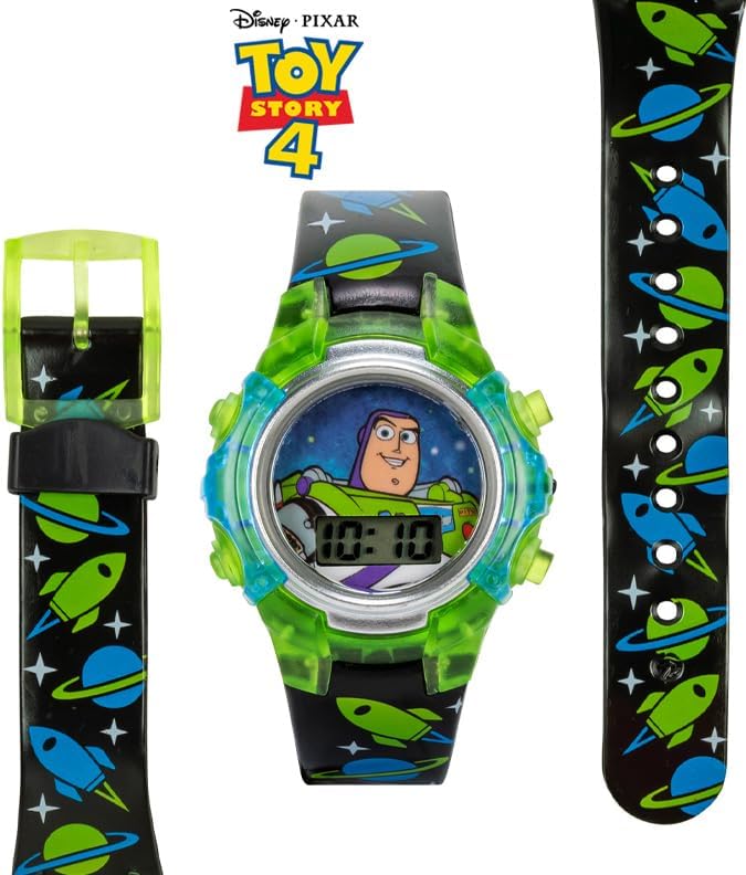 Disney Pixar Toy Story 4 Buzz Lightyear Kids Flashing LCD Watch With Colorful Light-Up Dial Durable Case Space-Themed Strap – Perfect For Ages 4+ Boys And Girls – Fits Wrists 5.5" To 8"