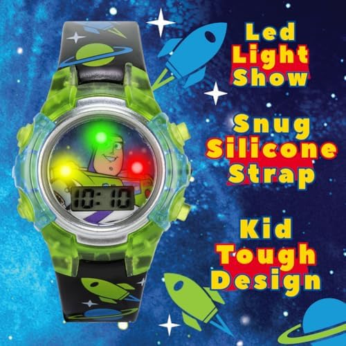 Disney Pixar Toy Story 4 Buzz Lightyear Kids Flashing LCD Watch With Colorful Light-Up Dial Durable Case Space-Themed Strap – Perfect For Ages 4+ Boys And Girls – Fits Wrists 5.5" To 8"