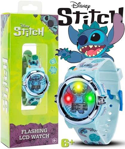 Disney Stitch 儿童液晶手表 – 闪烁发光表盘 数字时间显示 可调节肩带 有趣的角色设计 适合男孩和女孩 – 适合手腕 5.5 英寸到 8 英寸 Robin 蓝 数字腕表
