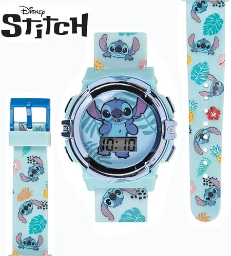 Disney Stitch 儿童液晶手表 – 闪烁发光表盘 数字时间显示 可调节肩带 有趣的角色设计 适合男孩和女孩 – 适合手腕 5.5 英寸到 8 英寸 Robin 蓝 数字腕表