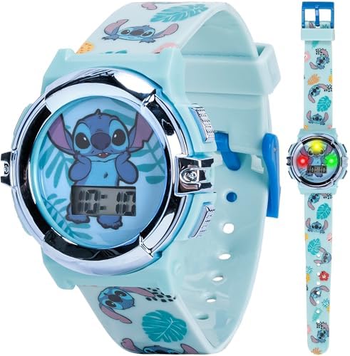 Disney Stitch Kids LCD Watch – Flashing Light-Up Dial Digital Time Display Adjustable Strap Fun Character Design Perfectfor Boys & Girls – Fits Wrists 5.5” to 8”
