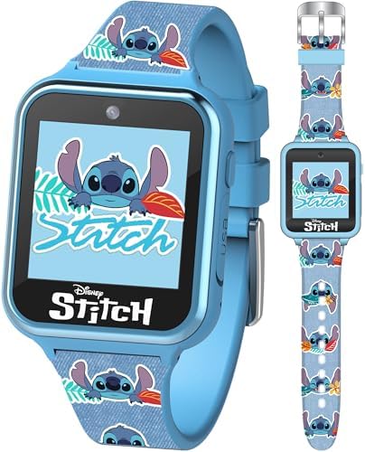 Disney Stitch Kids Smart Watch with 10 Customizable Faces Camera Voice Recorder Calculator and Step Counter – Touchscreen Interactive Watch for Kids – Blue Silicone Strap