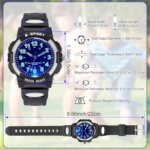 DTKID 7 Colorful Lights Children's Watch Boys Girls Kids 30 M Waterproof Analog Watches Soft Rubber Band Easy To Read Dial Time Lessons Wristwatch Children 5-18 Years Old