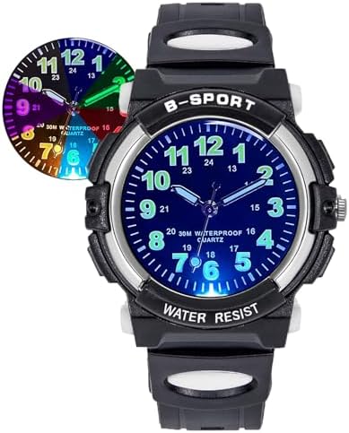 DTKID 7 Colorful Lights Children's Watch Boys Girls Kids 30 M Waterproof Analog Watches Soft Rubber Band Easy to Read Dial Time Lessons Wristwatch Children 5-18 Years Old