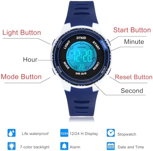 DTKID Digital Kids Watch 30 M Waterproof 7 Color Lights Time Teaching Watch Easy To Read For Girls Boys 5-16