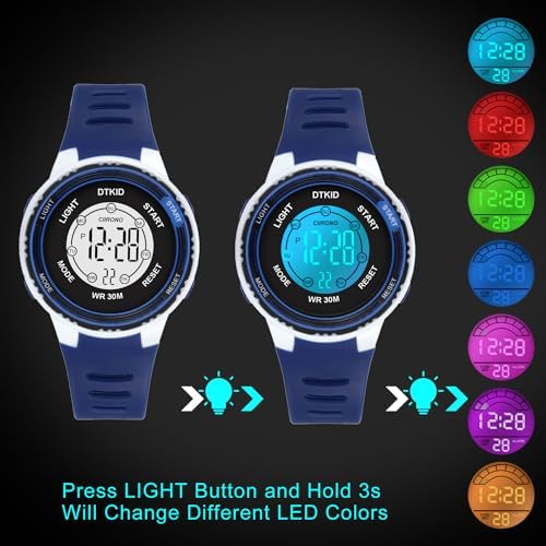 DTKID Digital Kids Watch 30 M Waterproof 7 Color Lights Time Teaching Watch Easy To Read For Girls Boys 5-16