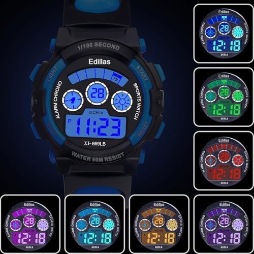 Edillas Kids Watches Boys Digital 7 Colors LED Lights 50M Waterproof Wristwatches For Children Students Teenagers Sport Outdoor Multifunctional With Stopwatch/Alarm Ages 7-15