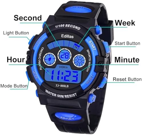 Edillas Kids Watches Boys Digital 7 Colors LED Lights 50M Waterproof Wristwatches For Children Students Teenagers Sport Outdoor Multifunctional With Stopwatch/Alarm Ages 7-15