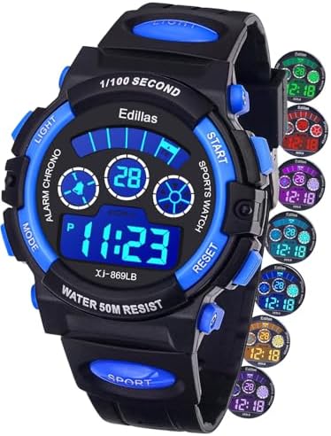 Edillas Kids Watches Boys Digital 7 Colors LED Lights 50M Waterproof Wristwatches for Children Students Teenagers Sport Outdoor Multifunctional with Stopwatch/Alarm Ages 7-15