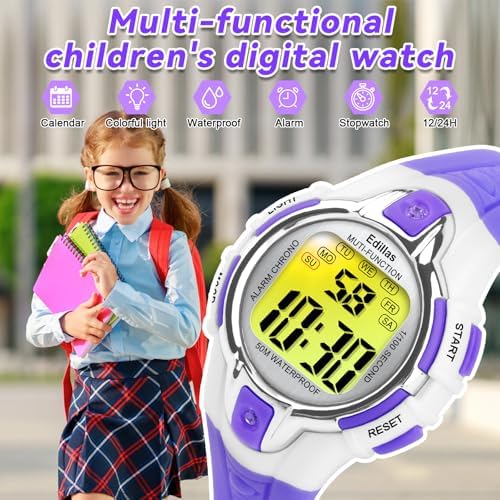 Edillas Kids Watches Digital Girls Boys 7 Colors Light Wrist Watch For Child Waterproof Sport Outdoor Multifunctional Watches With Stopwatch/Alarm For Ages 4-15