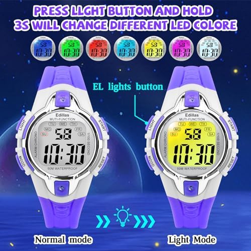 Edillas Kids Watches Digital Girls Boys 7 Colors Light Wrist Watch For Child Waterproof Sport Outdoor Multifunctional Watches With Stopwatch/Alarm For Ages 4-15