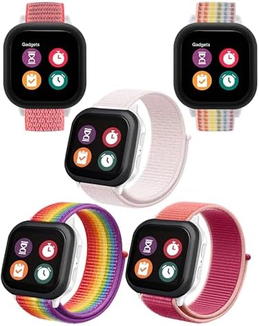 Fit Length for Girls Boys 2 3 5 Pack Watch Bands Compatible with Gizmo Watch 3 2 1/Gabb Watch 3 2 1/Garmin Bounce Watch: Hook&Loop Easy to Use Soft Breathable Smartwatch Bands (RainbowRedPink)