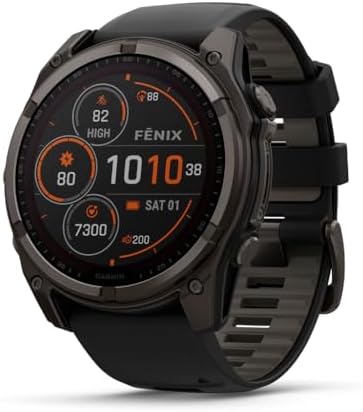 Garmin 佳明 fënix® 8 – 51毫米太阳能蓝宝石高级多运动 GPS 智能手表 电池寿命持久 潜水等级 内置 LED 手电筒 碳灰色 DLC 钛合金 带卵石灰色表带