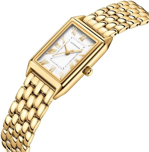 Gold Watches For Women With Vintage Rectangular Case White Roman Dial Stainless Steel Band Adjustment Tool Included Water Resistant