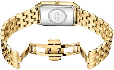 Gold Watches For Women With Vintage Rectangular Case White Roman Dial Stainless Steel Band Adjustment Tool Included Water Resistant