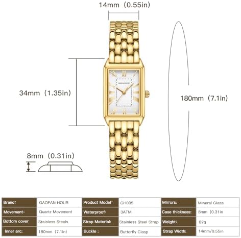 Gold Watches For Women With Vintage Rectangular Case White Roman Dial Stainless Steel Band Adjustment Tool Included Water Resistant