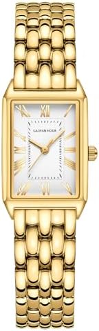Gold Watches for Women with Vintage Rectangular Case White Roman Dial Stainless Steel Band Adjustment Tool Included Water Resistant