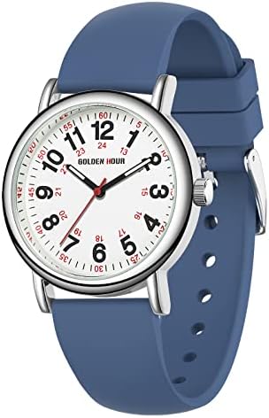 GOLDEN HOUR 防水护士手表适用于医疗专业人士、学生女士男士 - 军事时间灯塔易读表盘 24 小时秒针 彩色硅胶表带