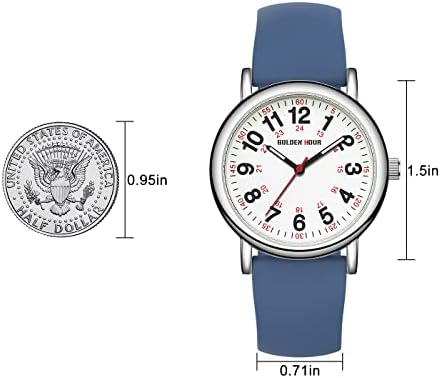 GOLDEN HOUR 防水护士手表适用于医疗专业人士、学生女士男士 - 军事时间灯塔易读表盘 24 小时秒针 彩色硅胶表带