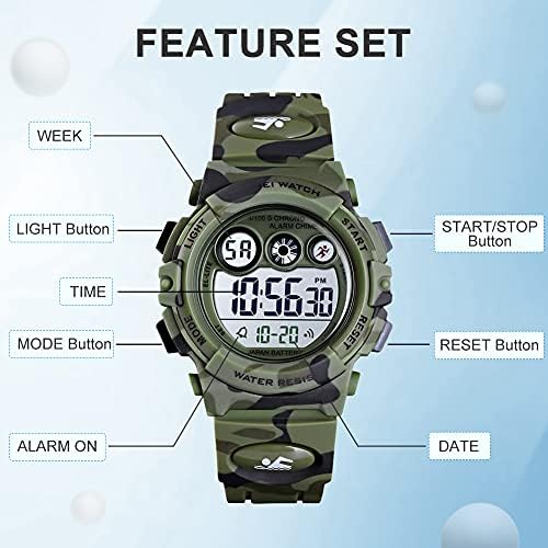 GOLDEN HOUR Watches For Kids Digital Sport Waterproof Boys Girls Watch Outdoor 12/24 H Alarm EL Backlight Stopwatch Military Child Wristwatch Ages 3-15