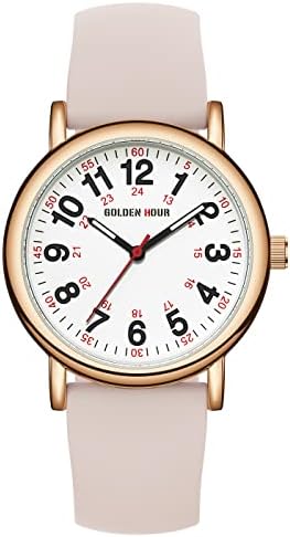 GOLDEN HOUR Waterproof Nurse Watch For Medical Professionals Students Women Men - Military Time Luminouse Easy Read Dial 24 Hour With Second Hand Colorful Silicone Band