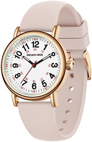 GOLDEN HOUR Waterproof Nurse Watch for Medical Professionals Students Women Men - Military Time Luminouse Easy Read Dial 24 Hour with Second Hand Colorful Silicone Band